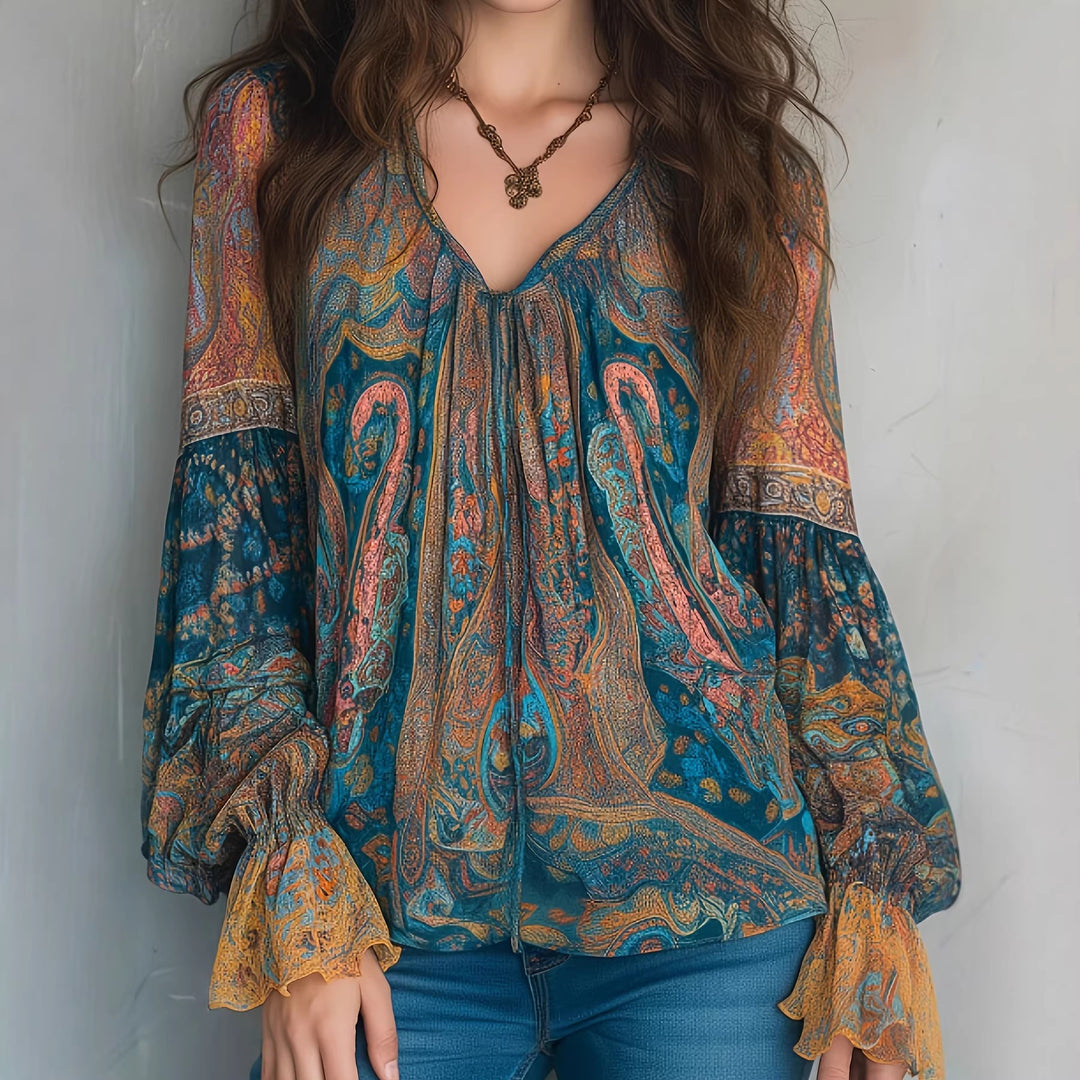 Damen Boho-Chic Bluse mit geflammten Ärmeln und V-Ausschnitt EB