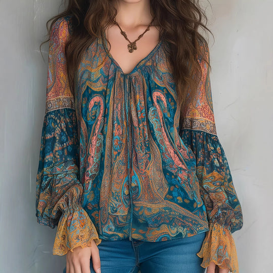 Damen Boho-Chic Bluse mit geflammten Ärmeln und V-Ausschnitt EB