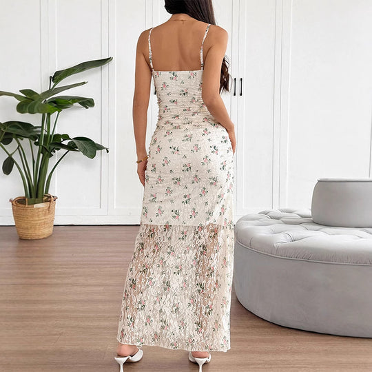 Damen Maxikleid mit raffiniertem Spitzenbesatz und floralem Design EB