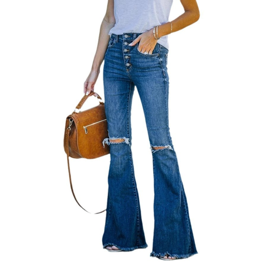 Damen Flared Jeans mit modischen Fransen und hoch sitzendem Bund EB