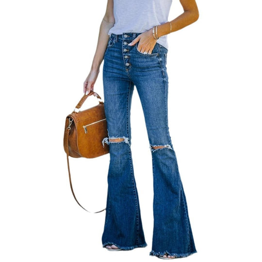 Damen Flared Jeans mit modischen Fransen und hoch sitzendem Bund EB