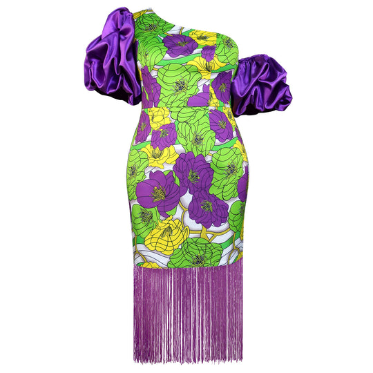 Damen Elegantes Schulterfreies Kleid mit voluminösen Puffärmeln und Fransen EB