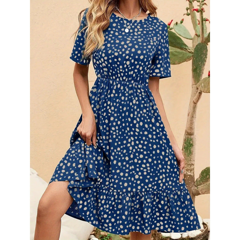 Damen Sommerliches A-Linien Kleid mit Rüschensaum und Punkten EB