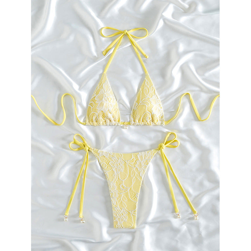 Damen Triangel-Bikini mit feinem Spitzenmuster und verspieltem Schleifendetail EB