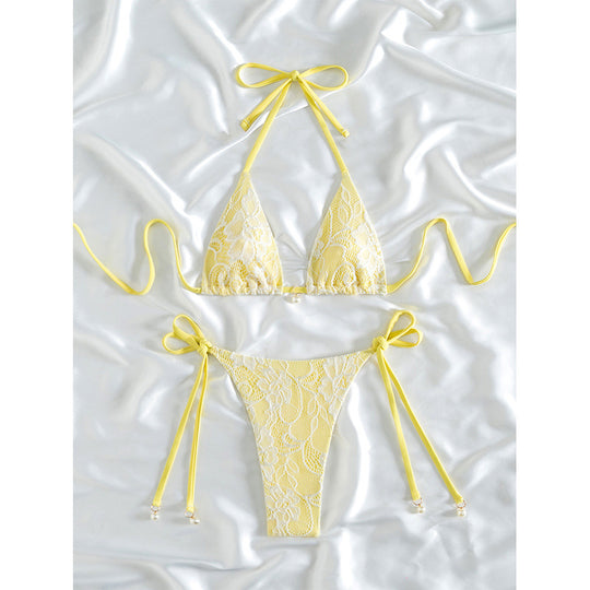 Damen Triangel-Bikini mit feinem Spitzenmuster und verspieltem Schleifendetail EB