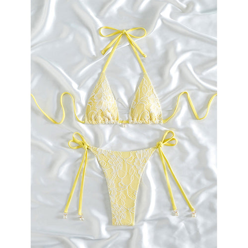 Damen Triangel-Bikini mit feinem Spitzenmuster und verspieltem Schleifendetail EB