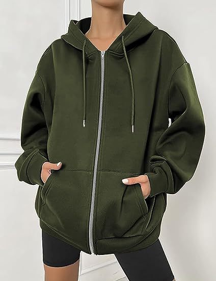 Damen nan oversized Zip-Kapuzenjacke mit kontrastierendem Reißverschluss, doppellagiger Kapuze und Kängurutasche EB