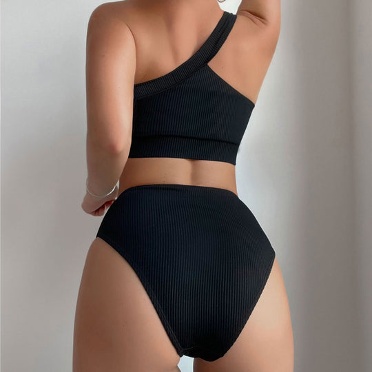Damen Einseitig geschnittener Bikini-Top und hochtaillierte Bikinihose EB