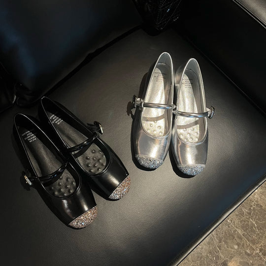 Damen elegante Ballerinas mit funkelnden Akzenten und komfortablem Blockabsatz EB