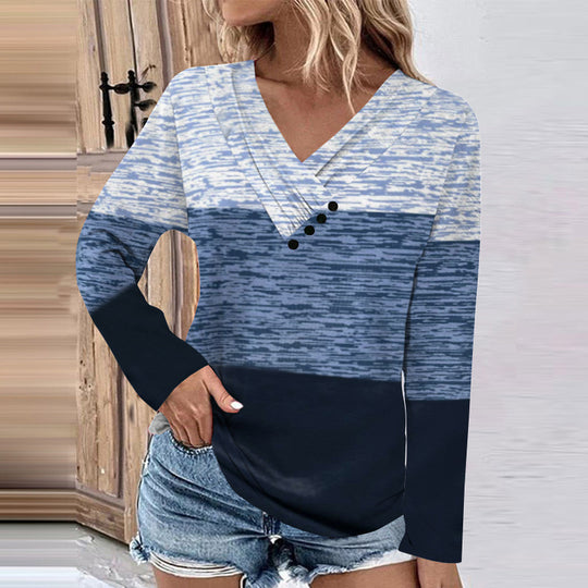 Damen Gerippter V-Ausschnitt Pullover mit Farbverlauf, Zierknöpfen und legerer Passform EB
