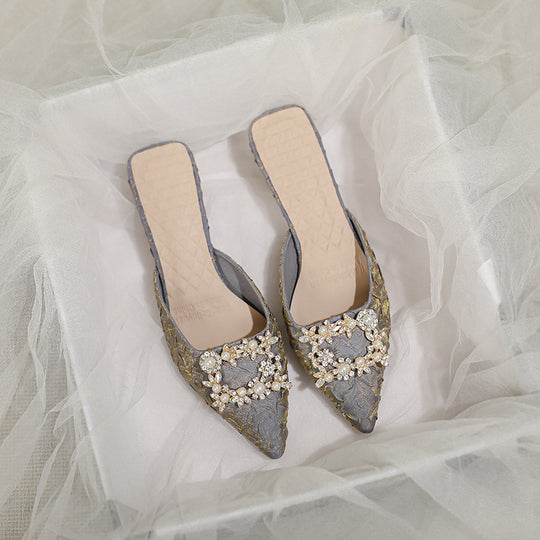 Damen elegante spitze Mules mit luxuriösem Schmuckdetail EB