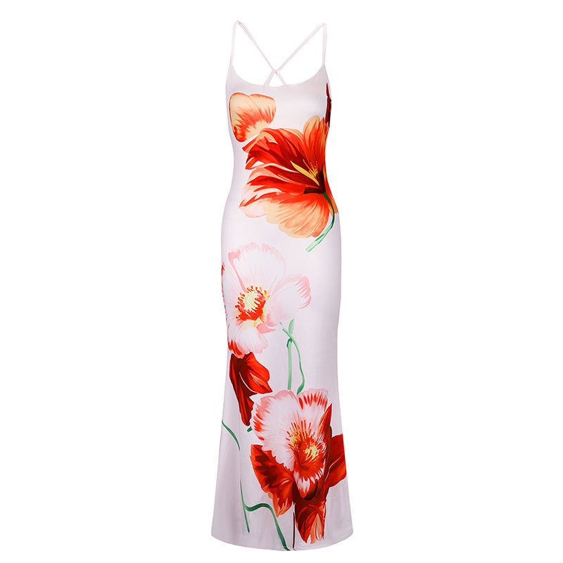 Damen Maxikleid mit elegantem Blumenmuster und zarten Spaghetti-Trägern EB