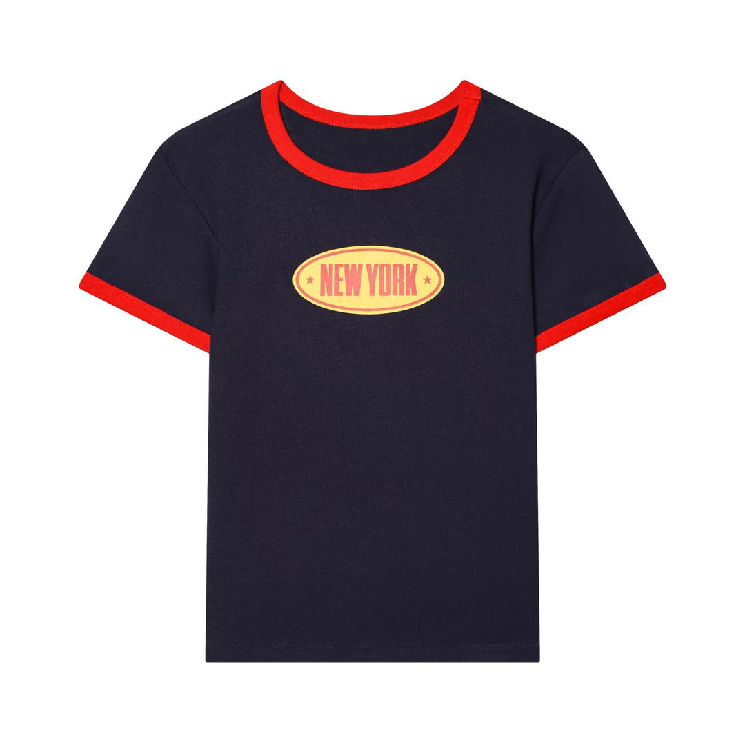Damen Freizeit T-Shirt mit kontrastierenden Ärmeln und trendigem Schriftzug EB
