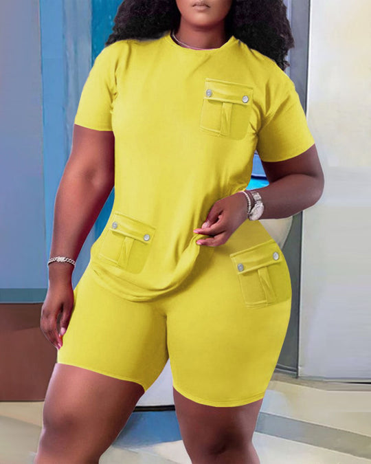 Damen Sportliches Oberteil und Shorts Set mit praktischen Taschen EB