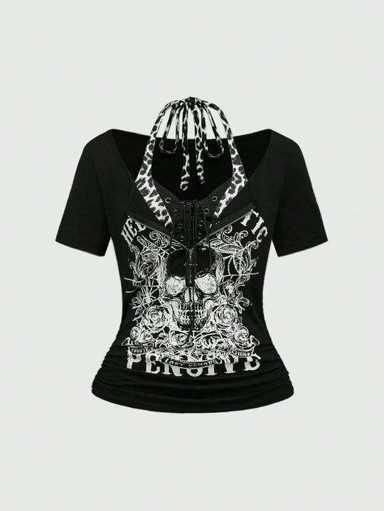 Damen Trendy Crop-Top mit einzigartigem Grafikdruck und Schnürdetails EB