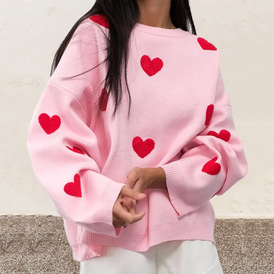 Damen Oversize-Feinstrickpullover mit Allover-Herzintarsien und überschnittenen Schultern EB