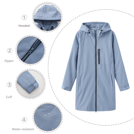 Damen nan lange schlanke Funktionsregenjacke mit durchgehendem Reißverschluss Brustreißverschlusstasche und Klettmanschetten EB
