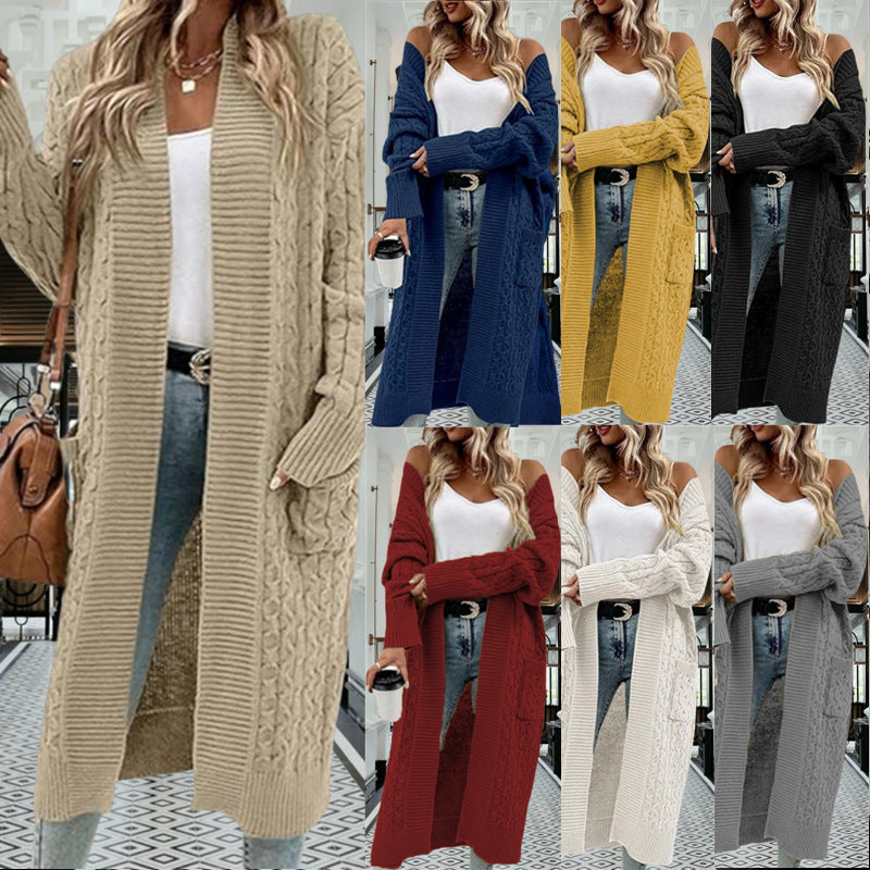 Damen Strickmantel mit modischen Zopfmuster und tiefen Taschen EB