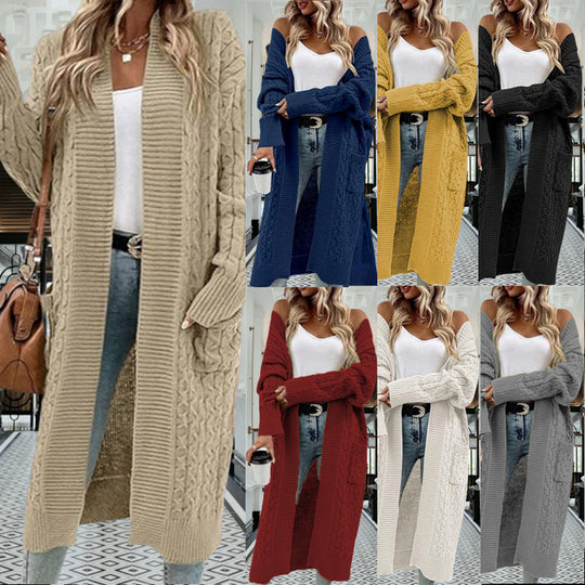 Damen Strickmantel mit modischen Zopfmuster und tiefen Taschen EB