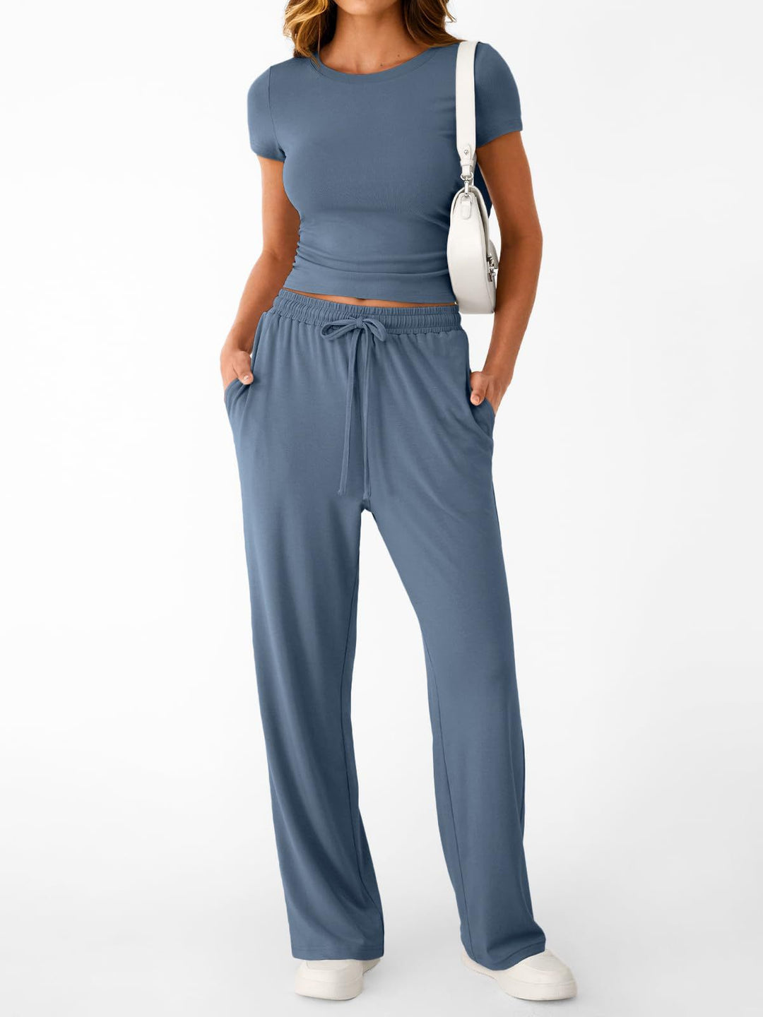 Damen lässiger Freizeitanzug mit kurzen Ärmel und weiten Hosen EB
