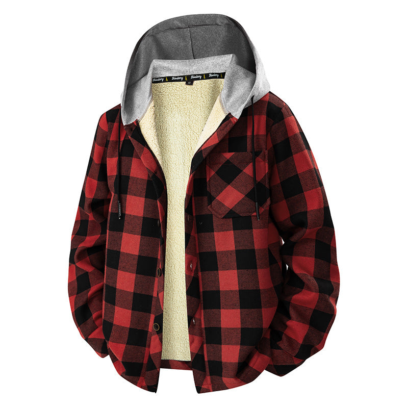 Herren kariertes Sherpa-gefüttertes Overshirt mit Kapuze, Brusttasche und Druckknopfverschluss EB