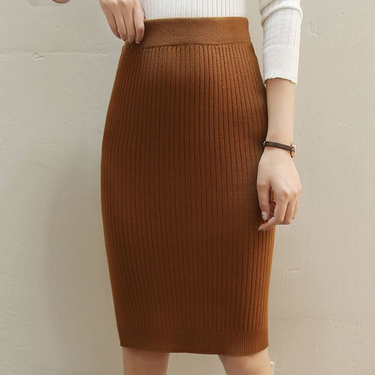 Damen Gestrickter Bleistiftrock mit hoher Taille und Rippstruktur EB