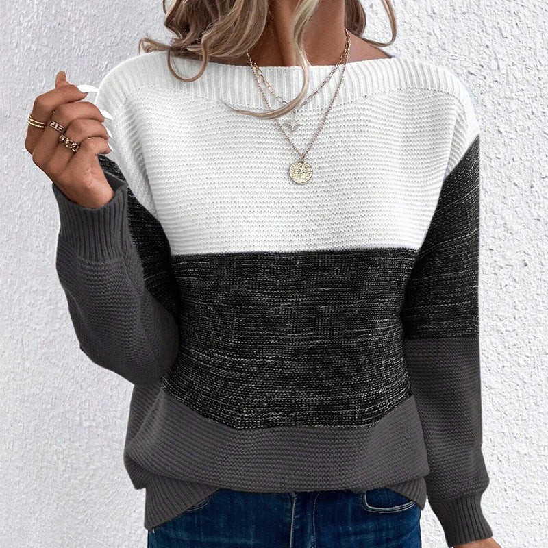 Damen bequemer Strickpullover mit modernem Farbblockdesign und lässigem Schnitt EB