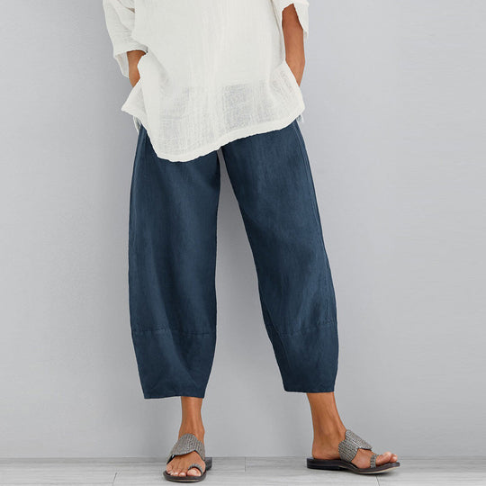 Damen nan weit geschnittene Leinenhose mit Tulpen-Saum und elastischem Bund EB