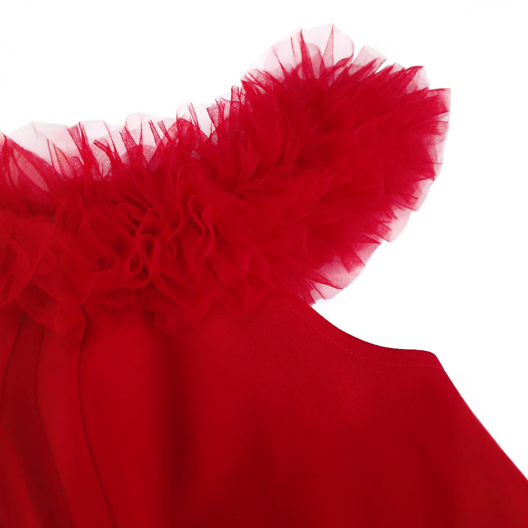 Damen glamouröses Abendkleid mit Rüschenrand und Glitzer-Gürtel EB