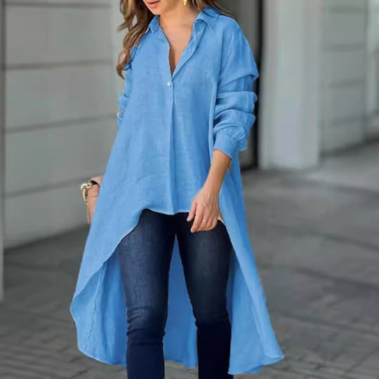 Damen Lässige Langarmbluse mit asymmetrischem Schnitt und Knopfdetails EB
