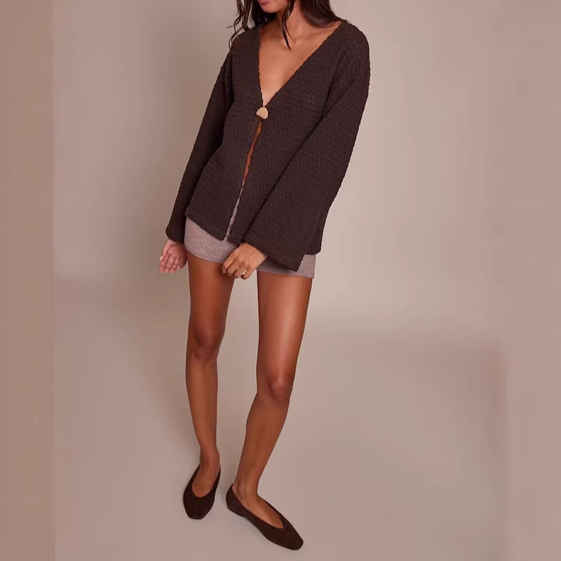 Damen Strukturierter Waffelstrick-Cardigan mit tiefem V‑Ausschnitt, Ein-Knopf-Verschluss und lässigen Oversize-Ärmeln EB