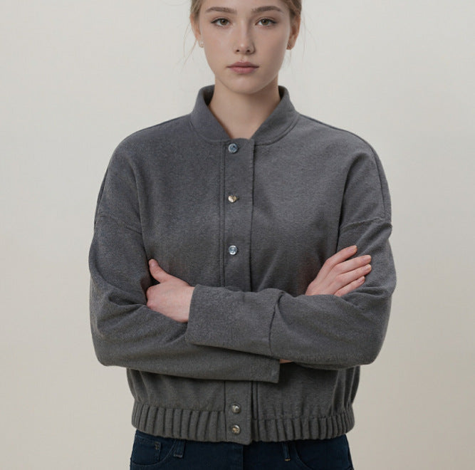 Damen nan kuschelige Fleece-Bomberjacke mit Stehkragen Rippbund und Druckknopfleiste EB