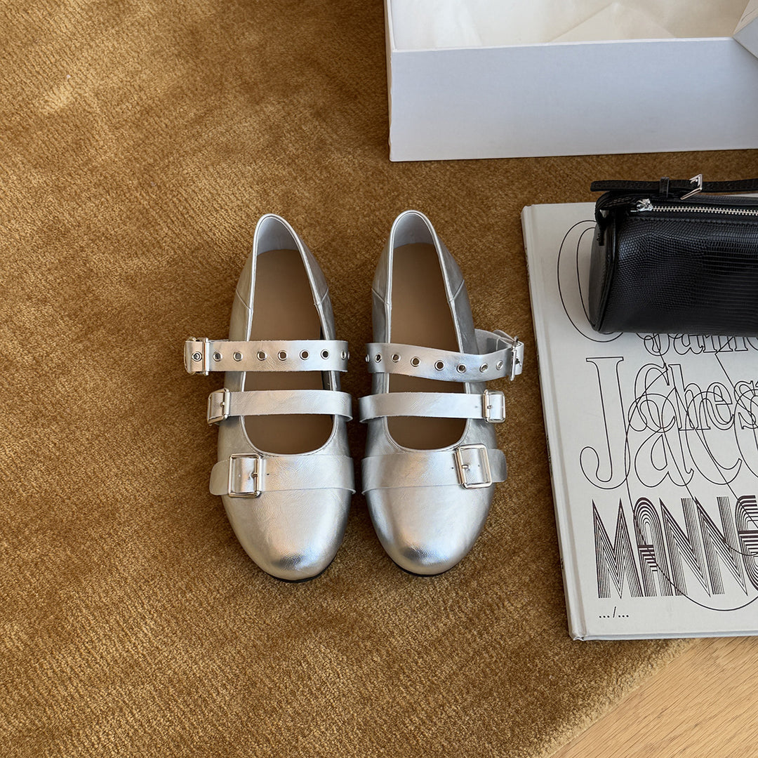 Damen Glänzende Ballerinas mit Riemen und Schnalle EB