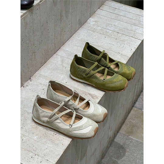 Damen Ballerina-Slipper mit Kreuzriemchen, Wildleder- und Krokostruktur EB