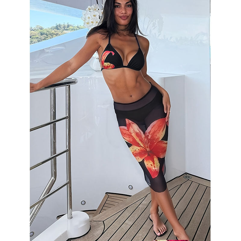 Damen Bikini-Set mit floralem Rock und Triangel-Oberteil EB