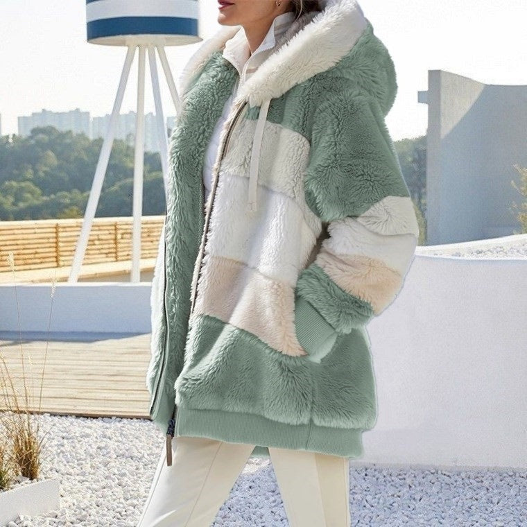Damen nan Oversize Teddyfell-Kapuzenjacke mit Farbblock-Streifen, hochwertigem Reißverschluss und gerippten Bündchen EB