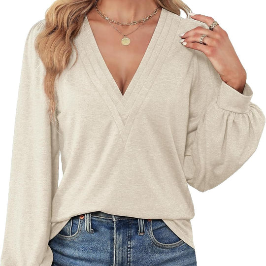 Damen Elegantes Blusenshirt mit V-Ausschnitt und puffförmigen Ärmeln EB