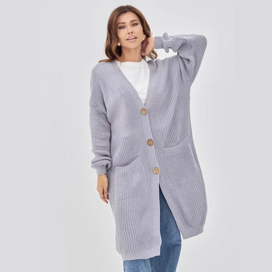 Damen Grobstrick-Cardigan mit schlichten Holzknöpfen und praktischen Taschen EB