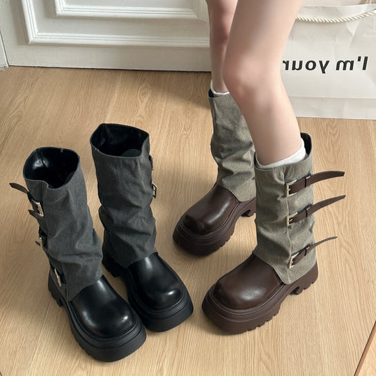 Damen Boots mit modischer Schnallenverzierung und robustem Plateau-Heel EB