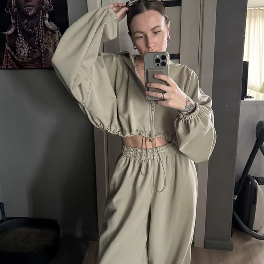 Damen Loungewear-Set EB mit tailliertem Kordelzug-Cropped-Hoodie und weiter High‑Waist Palazzo-Jogginghose