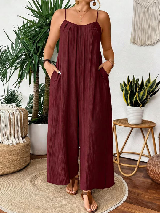 Damen luftiger Jumpsuit mit schmalen Spaghettiträgern und seitlichen Taschen EB