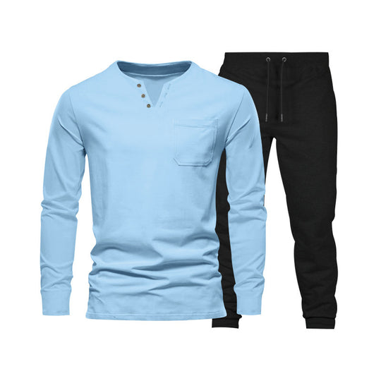 Herren Langarm‑Henley Loungewear‑Set mit Brusttasche und tapered Jogginghose EB