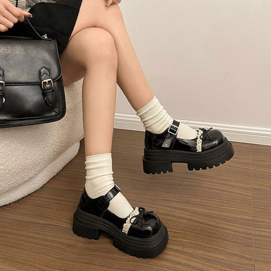 Damen Chunky Mary-Jane Plateauschuhe mit Riemen, Zierschleife und Spitzenbesatz EB