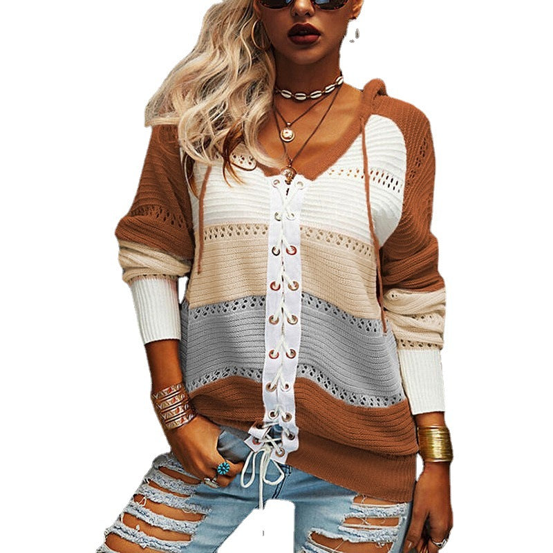 Damen Grobstrick Pullover mit Kapuze und modischem Linienmuster EB