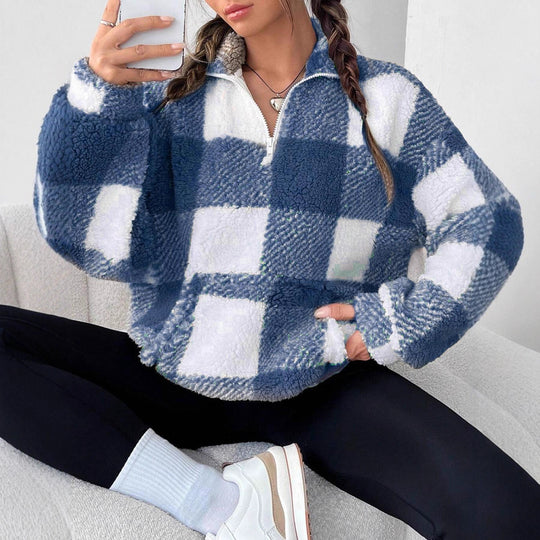Damen Flauschiger Karopullover mit halbem Reißverschluss EB