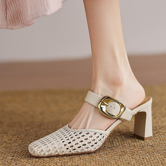 Damen elegante Mules mit modischem Geflecht und komfortablem Blockabsatz EB