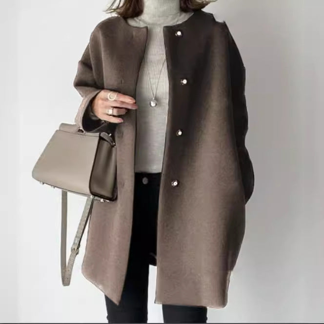 Damen Eleganter Oversized Wollmantel mit Doppelknopf-Verschluss und seitlichen Taschen EB