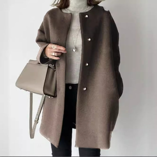 Damen nan Oversize Wollmix Mantel mit Perlenknöpfen und geradem Schnitt EB