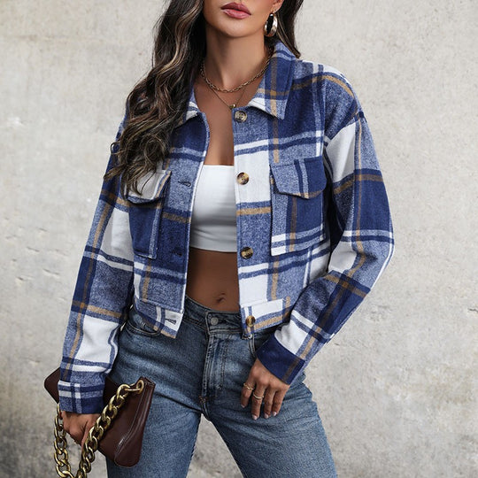 Damen Karierte Denimjacke mit Knöpfen und Brusttaschen EB