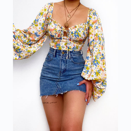 Damen Bluse mit Puffärmeln und floralem Muster EB
